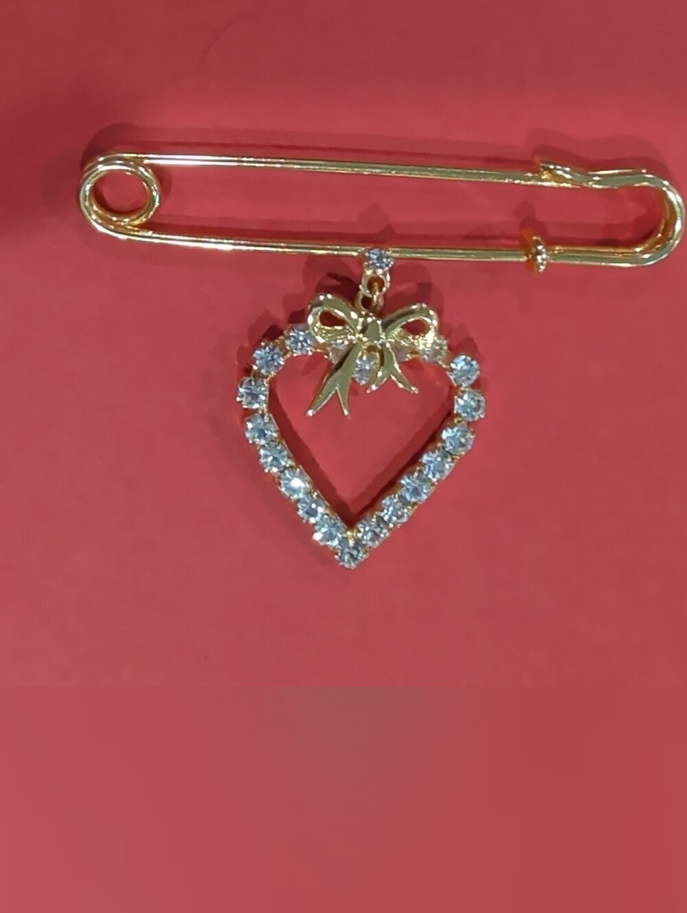 Gold Tone Heart Charm Safety Pin Brooch with Bow Accent